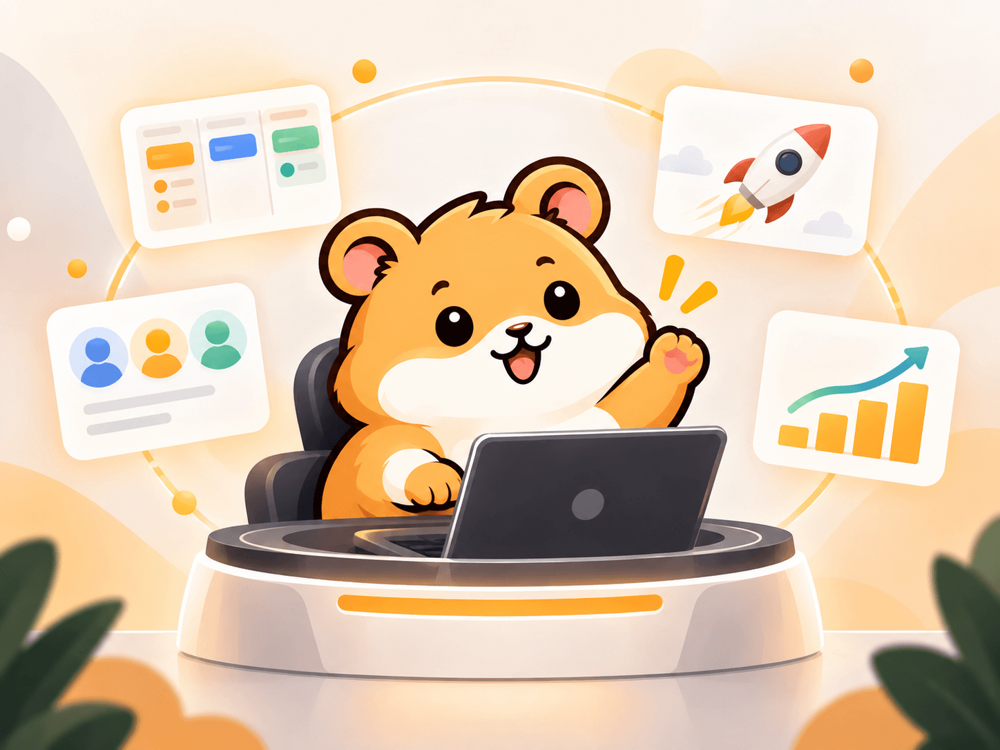 Hamstik mascot surrounded by planning, collaboration, delivery, and insight cues