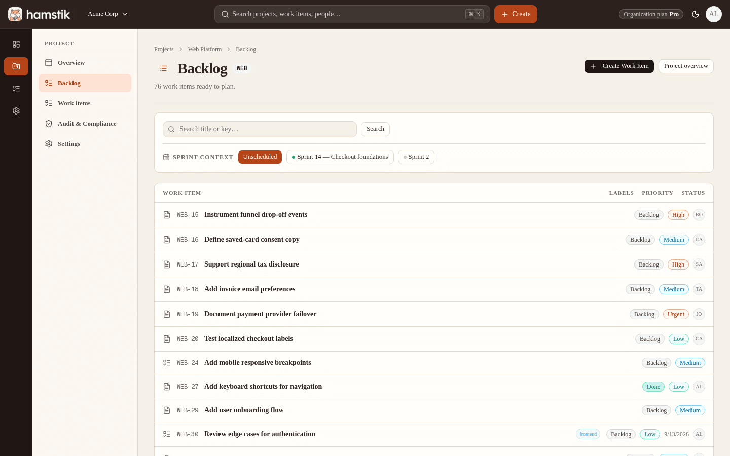Hamstik Backlog view with sprint groups, estimates, priorities, and assignees