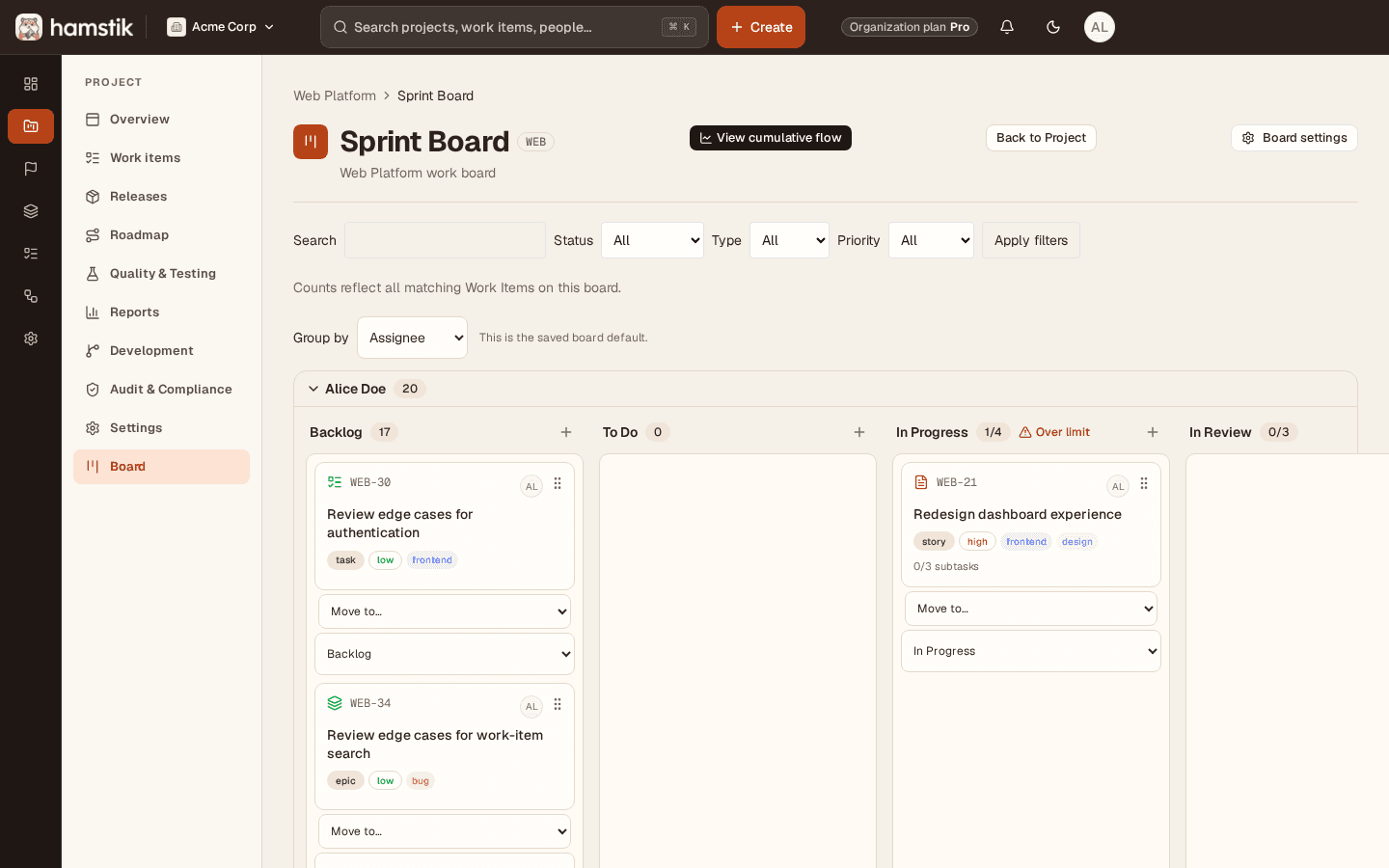 Hamstik Sprint board grouped into assignee swimlanes with advisory WIP limits and a cumulative flow entry point