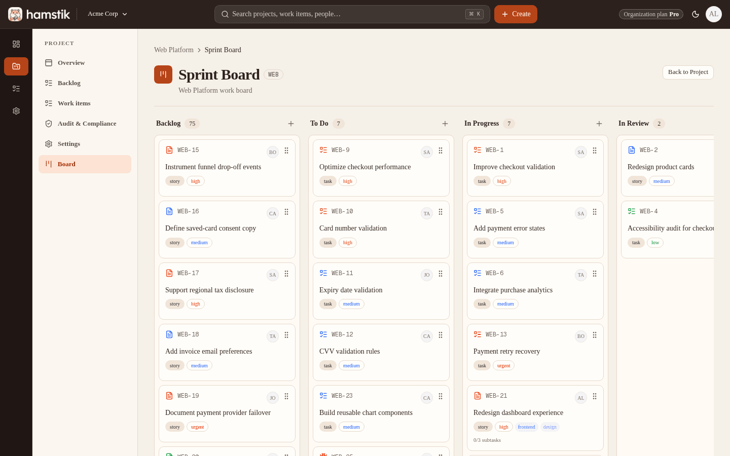 Hamstik Board view showing Work Items across delivery status columns