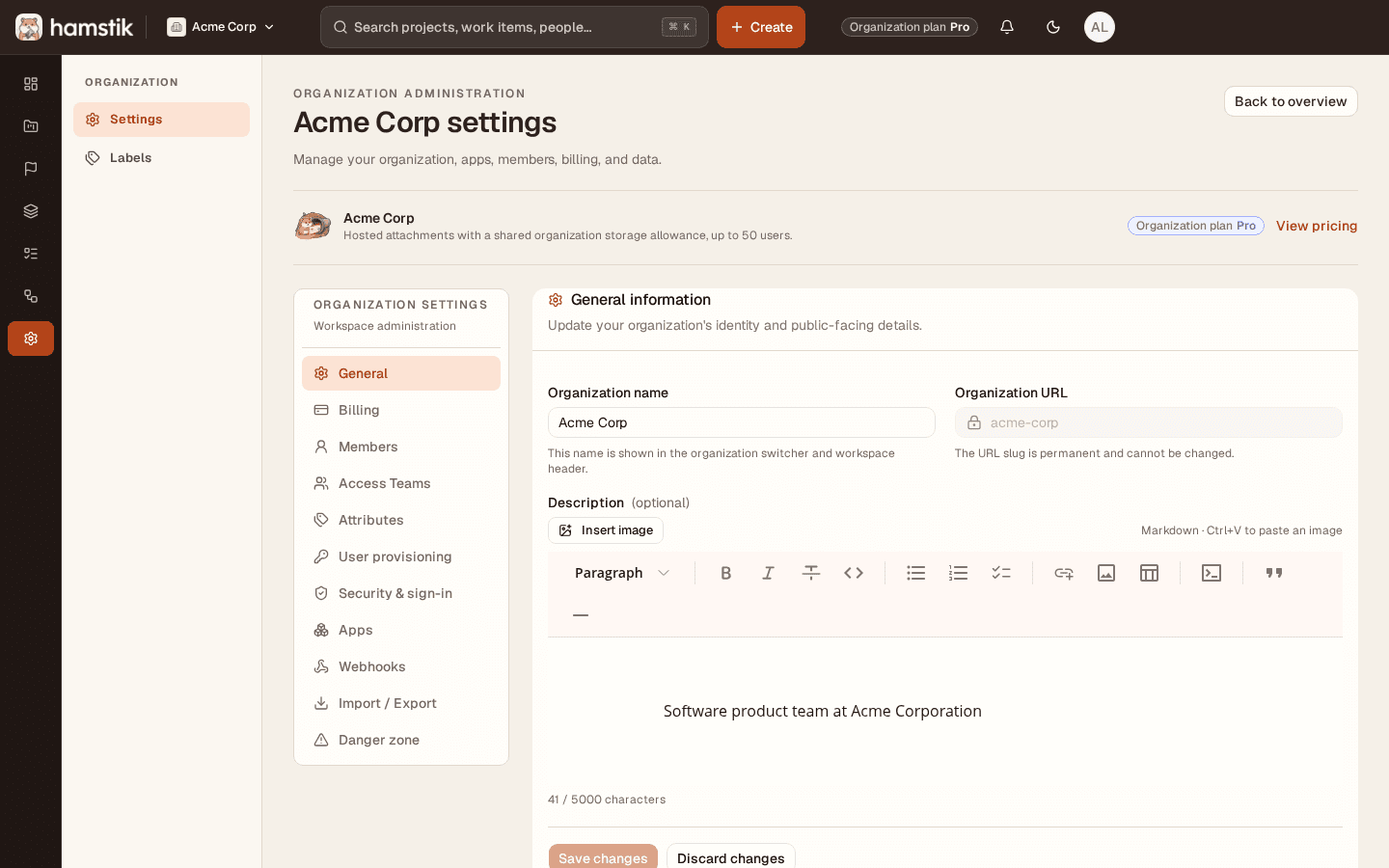 Hamstik Organization settings showing the general form, plan status, and Access Teams navigation