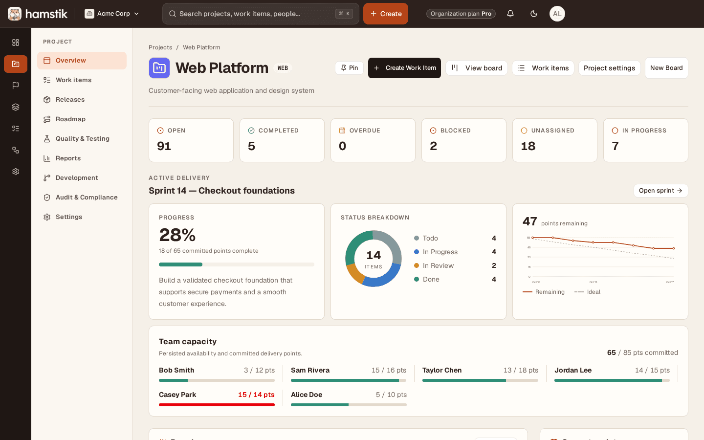 Hamstik Project overview showing delivery counters, active sprint progress, and team capacity