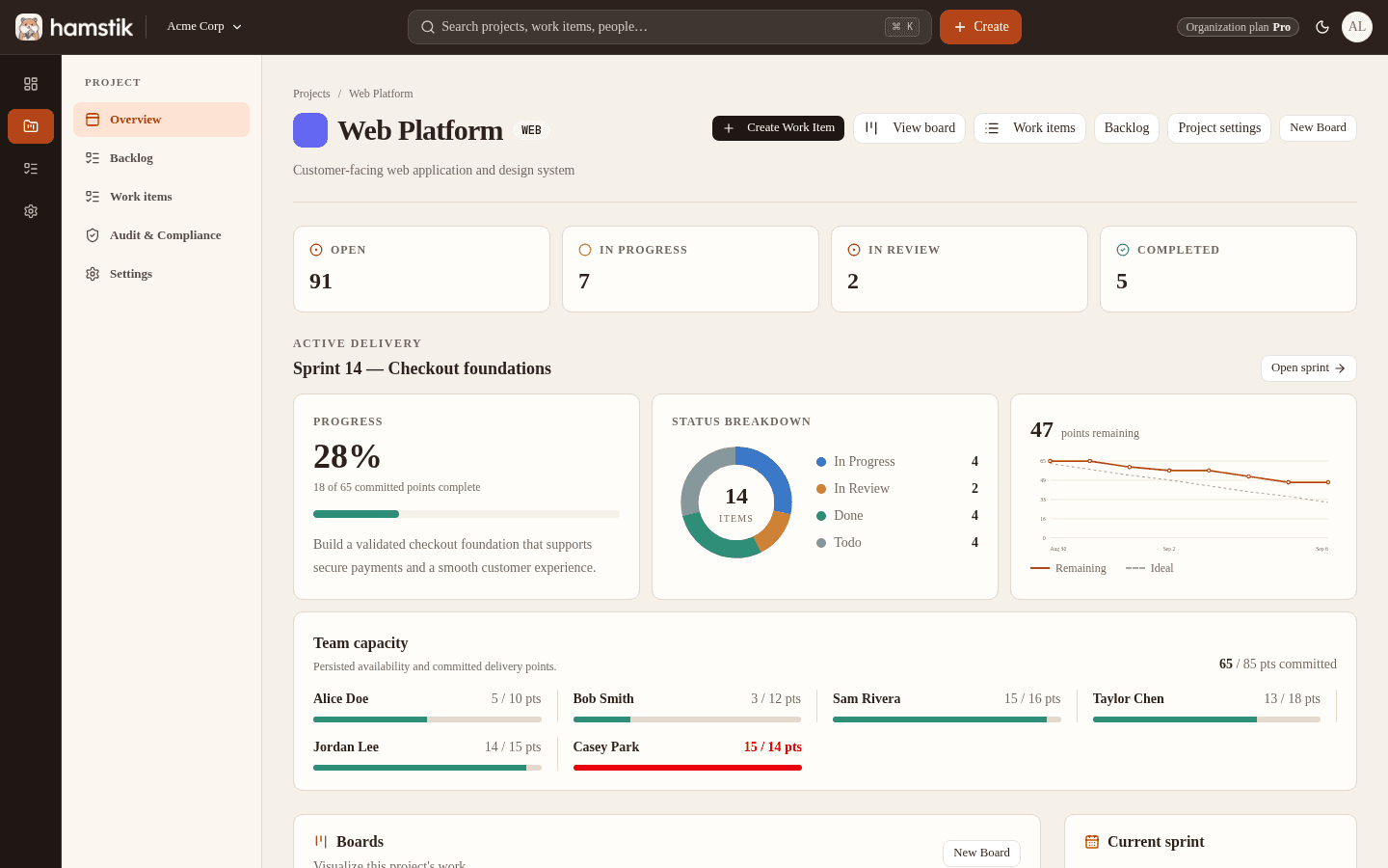 Hamstik Project overview showing progress cards, current sprint, and recent activity