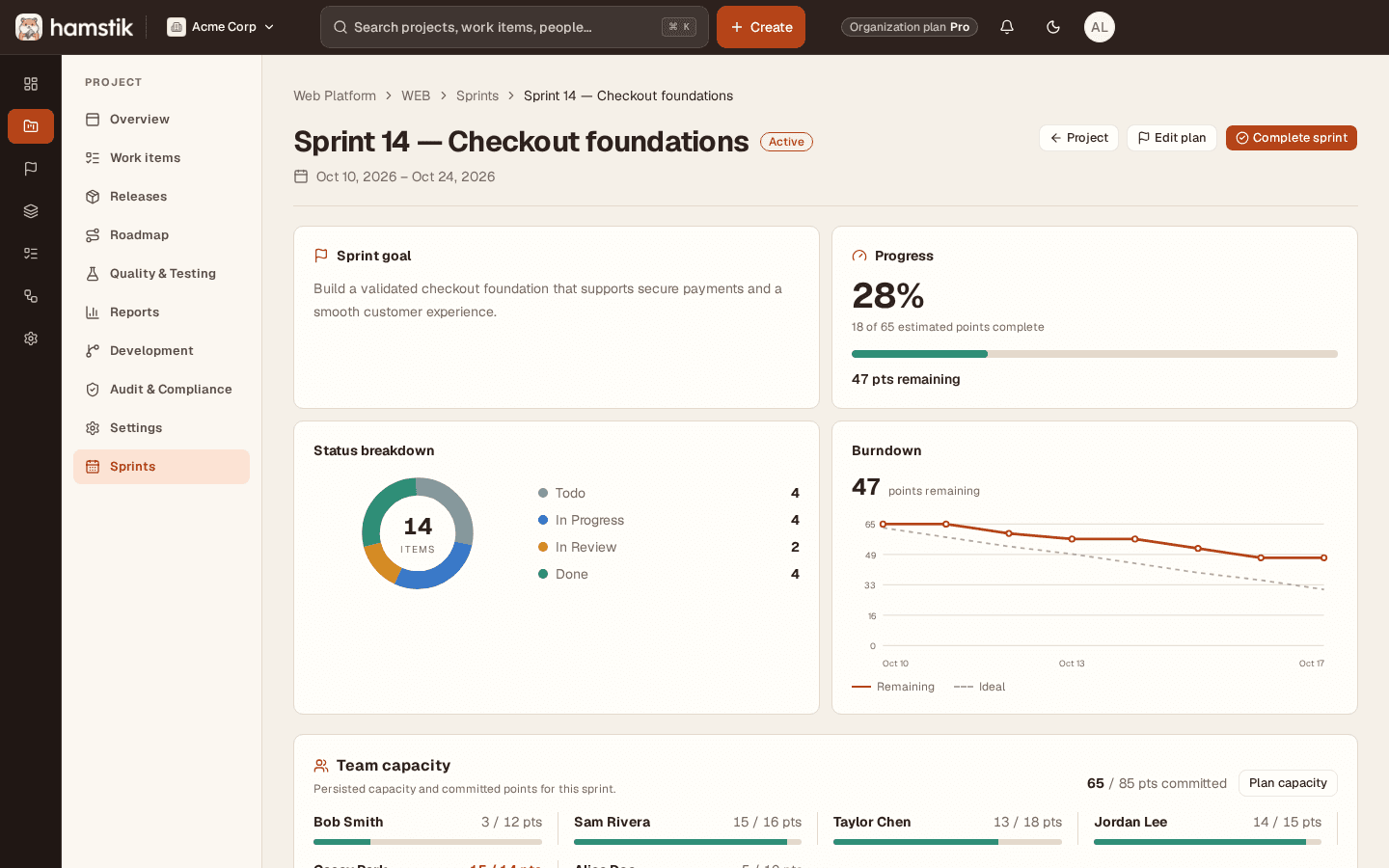 Hamstik Sprint detail showing the sprint goal, progress, status breakdown, burndown, and team capacity