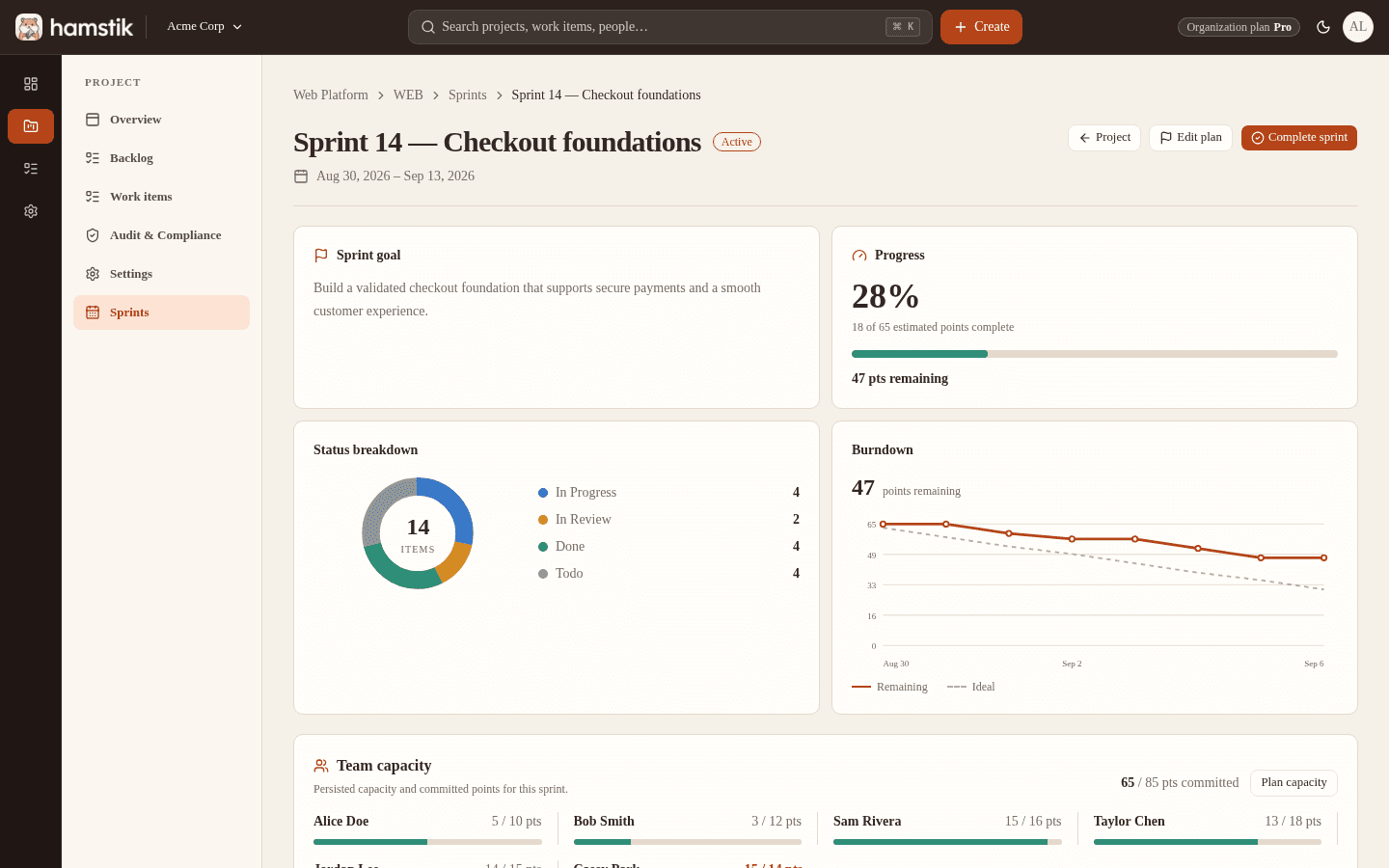 Hamstik Sprint detail showing progress, capacity, and status breakdown