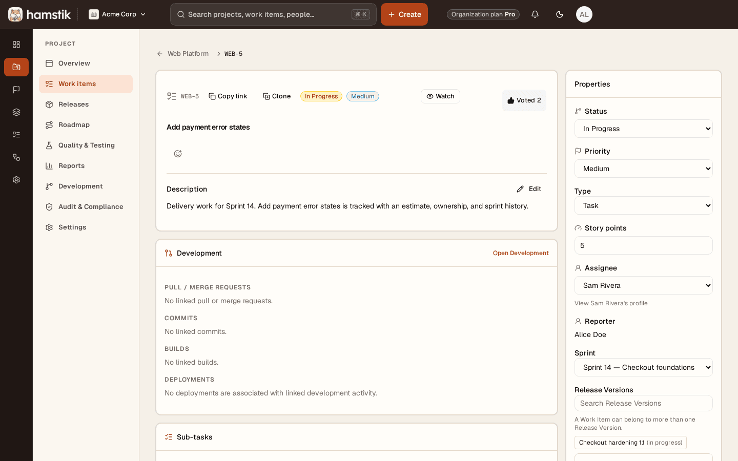 Hamstik Work Item detail showing status, priority, description, voting, and release version context