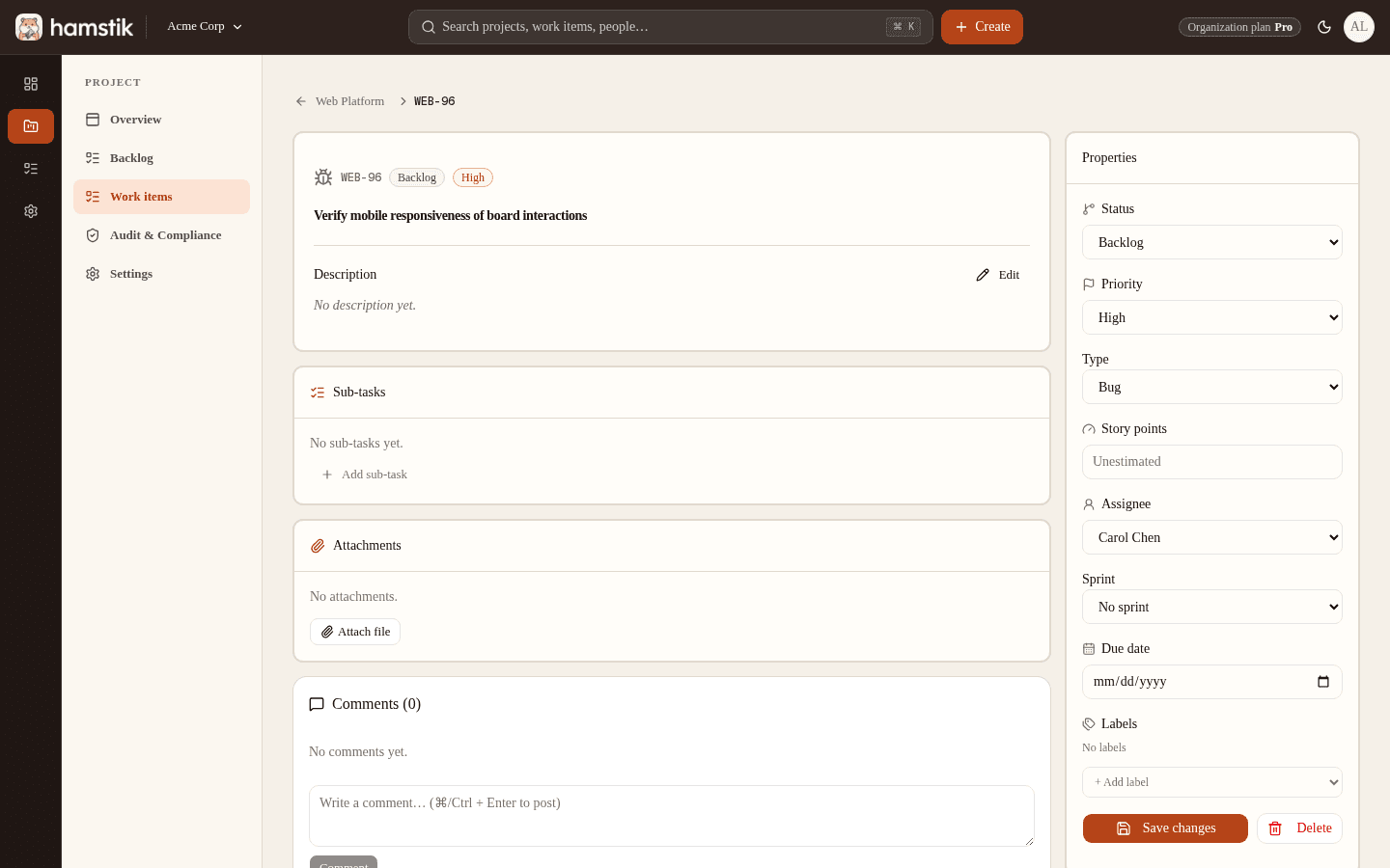 Hamstik Work Item detail showing status, priority, description, comments, history, and related items