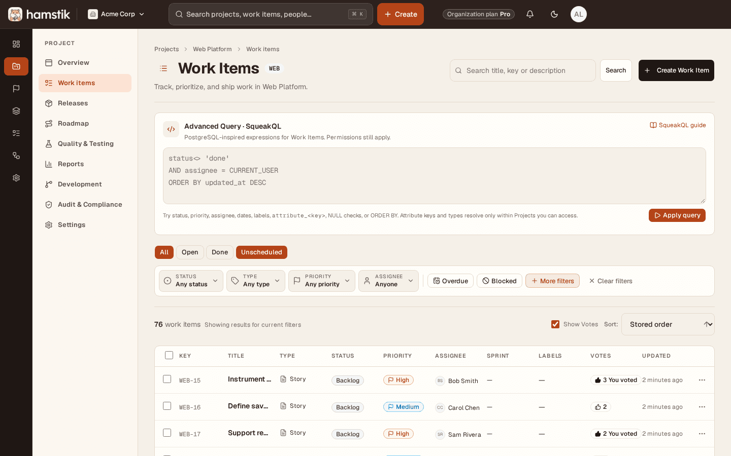Hamstik Work Items view with the Unscheduled planning context, filters, stored order, and community votes